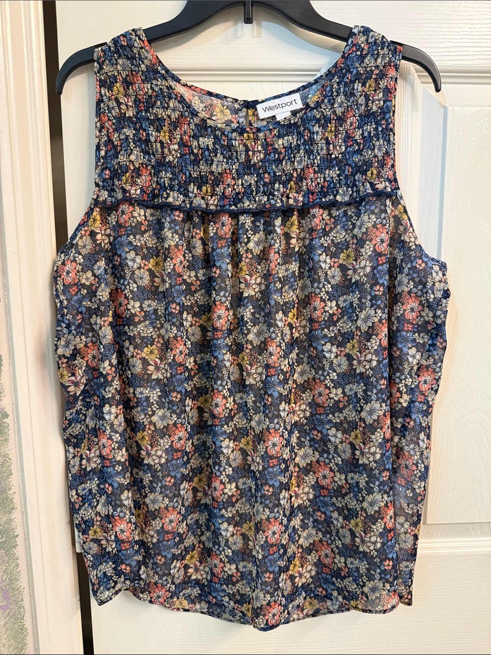 Westport Navy Floral Smocked Yoke Sleeveless Lined Top